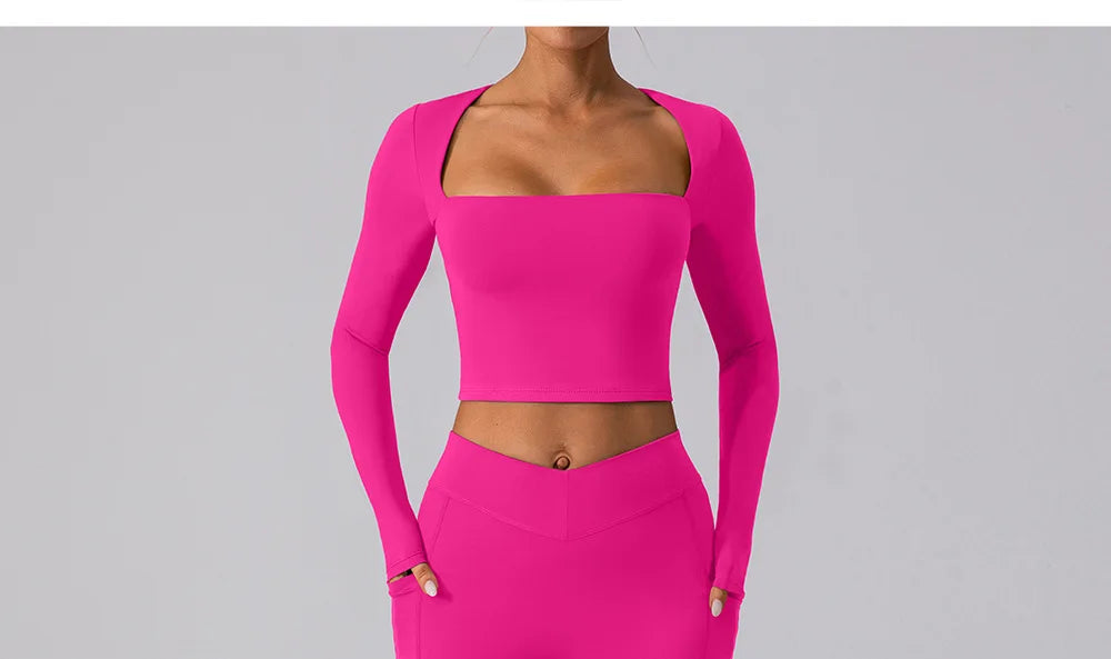 Camisa Manga Longa Decote Quadrado para Yoga – Nylon e Spandex Sem Costura, S ao XL
