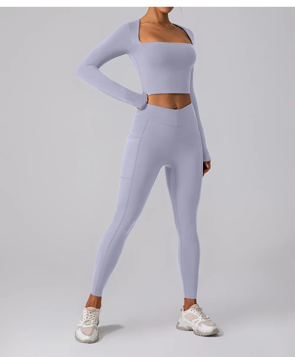 Camisa Manga Longa Decote Quadrado para Yoga – Nylon e Spandex Sem Costura, S ao XL