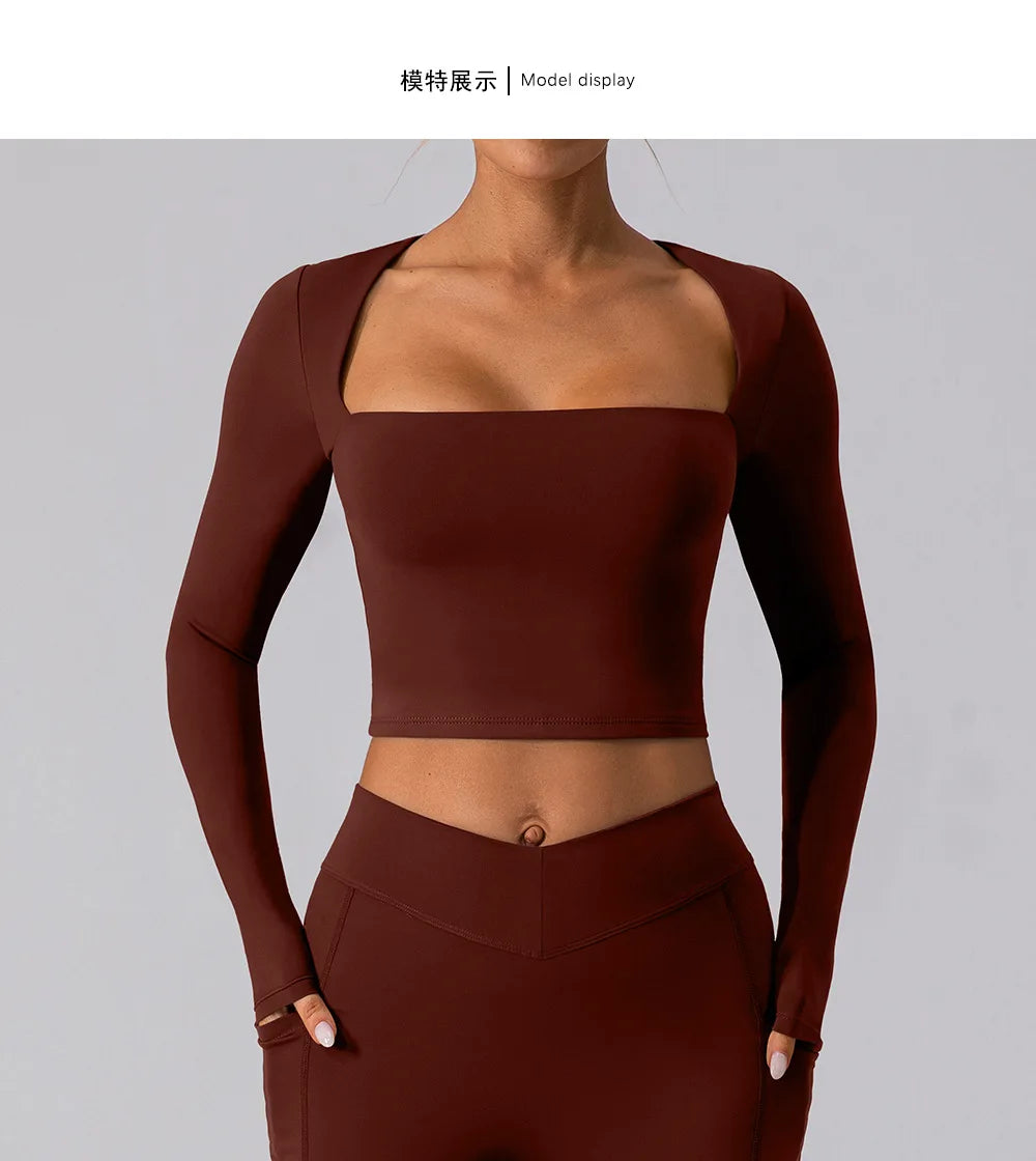 Camisa Manga Longa Decote Quadrado para Yoga – Nylon e Spandex Sem Costura, S ao XL