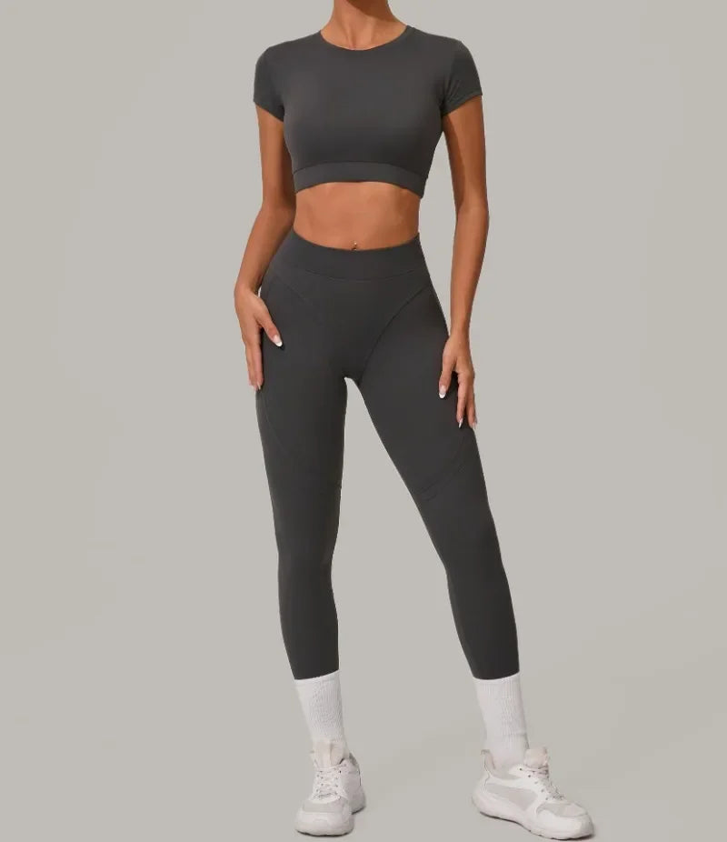 Top Manga Curta + Calça Cintura Alta Yoga – Nylon e Spandex, S ao L