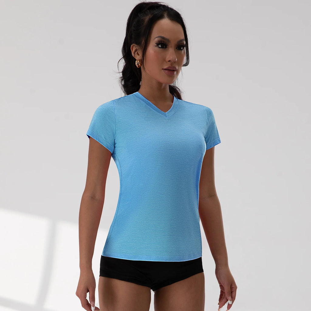 Top Esportivo Decote em V com Pregas Manga Curta – Poliéster e Spandex, 5 Cores, S ao XL