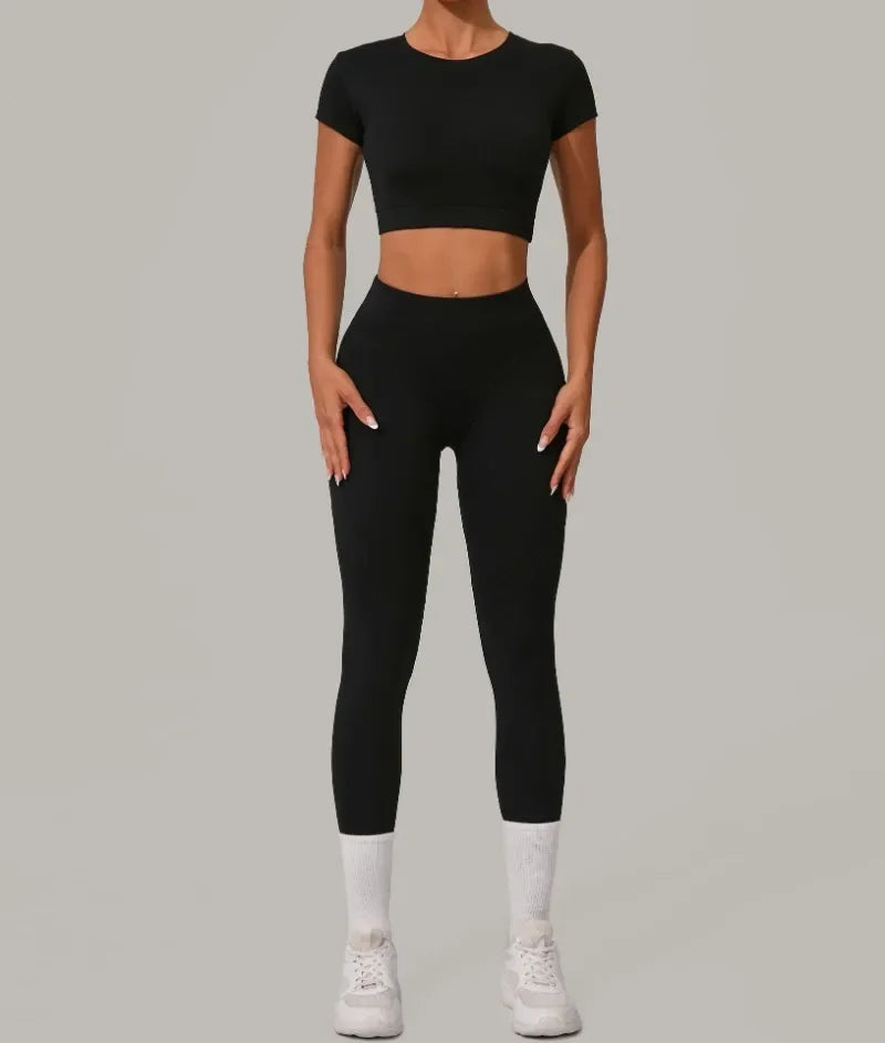 Top Manga Curta + Calça Cintura Alta Yoga – Nylon e Spandex, S ao L