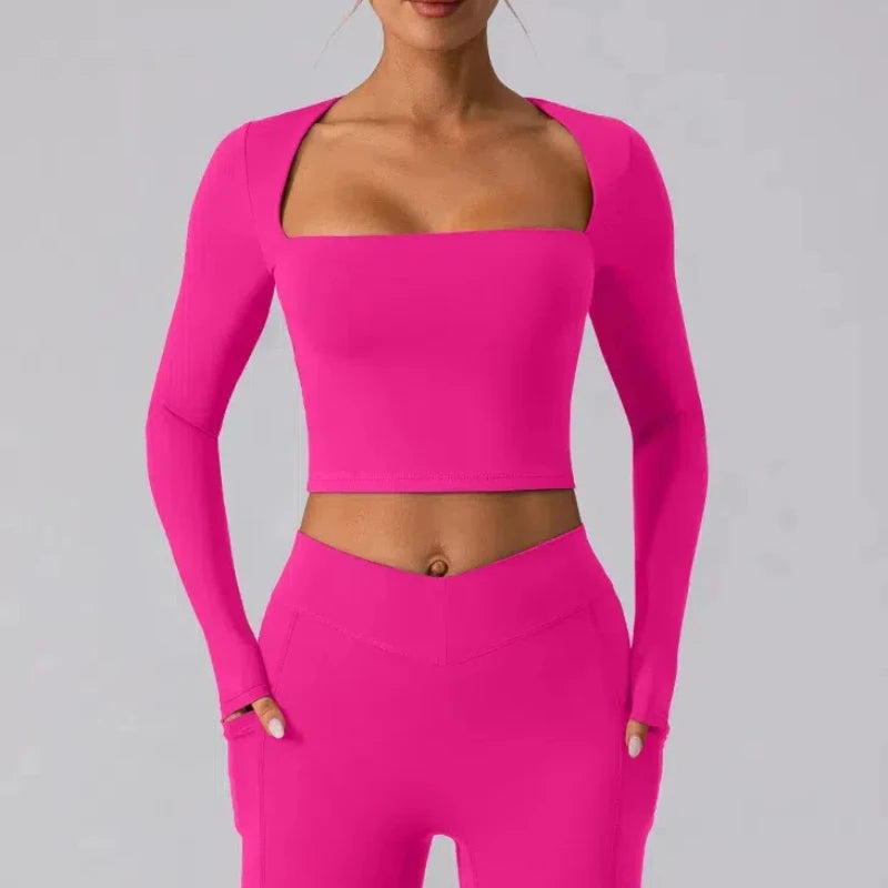 Camisa Manga Longa Decote Quadrado para Yoga – Nylon e Spandex Sem Costura, S ao XL