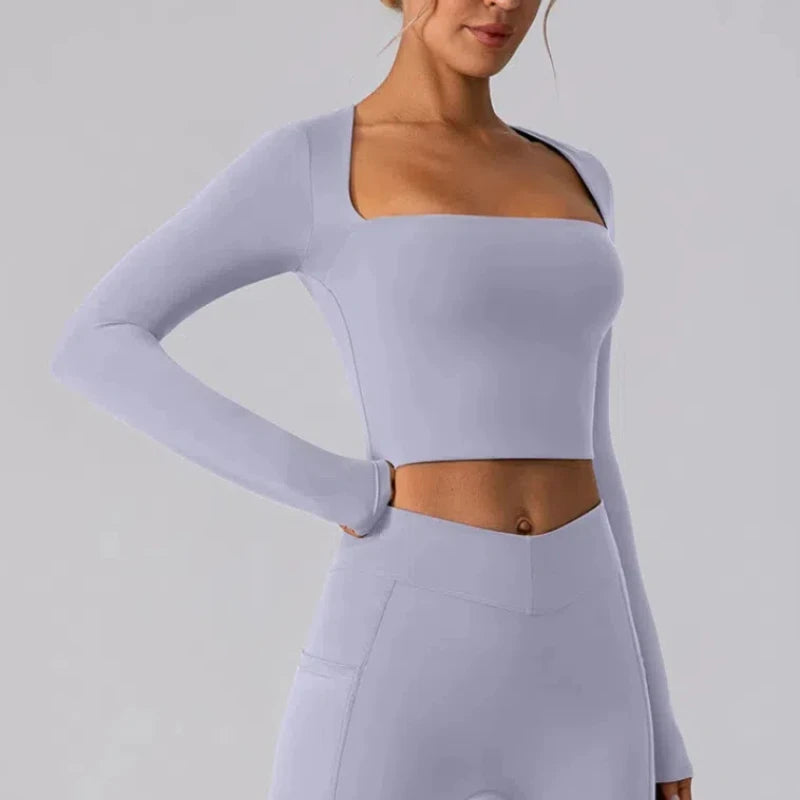 Camisa Manga Longa Decote Quadrado para Yoga – Nylon e Spandex Sem Costura, S ao XL
