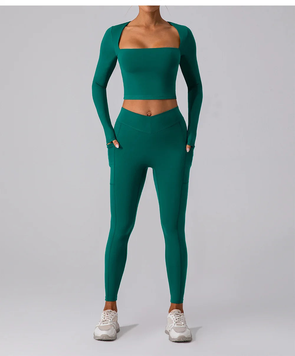 Camisa Manga Longa Decote Quadrado para Yoga – Nylon e Spandex Sem Costura, S ao XL