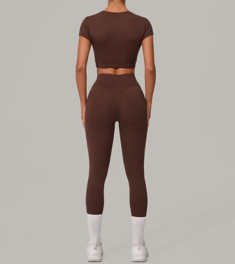 Top Manga Curta + Calça Cintura Alta Yoga – Nylon e Spandex, S ao L